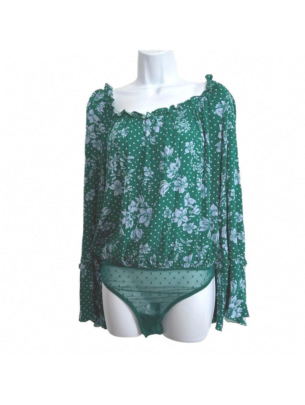 Free People One On One Date Green Floral Print Long Sleeve Bodysuit Size Small